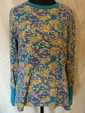 Sundance Teal Paisley-Print Long Sleeve Top Size XL Button Sleeves